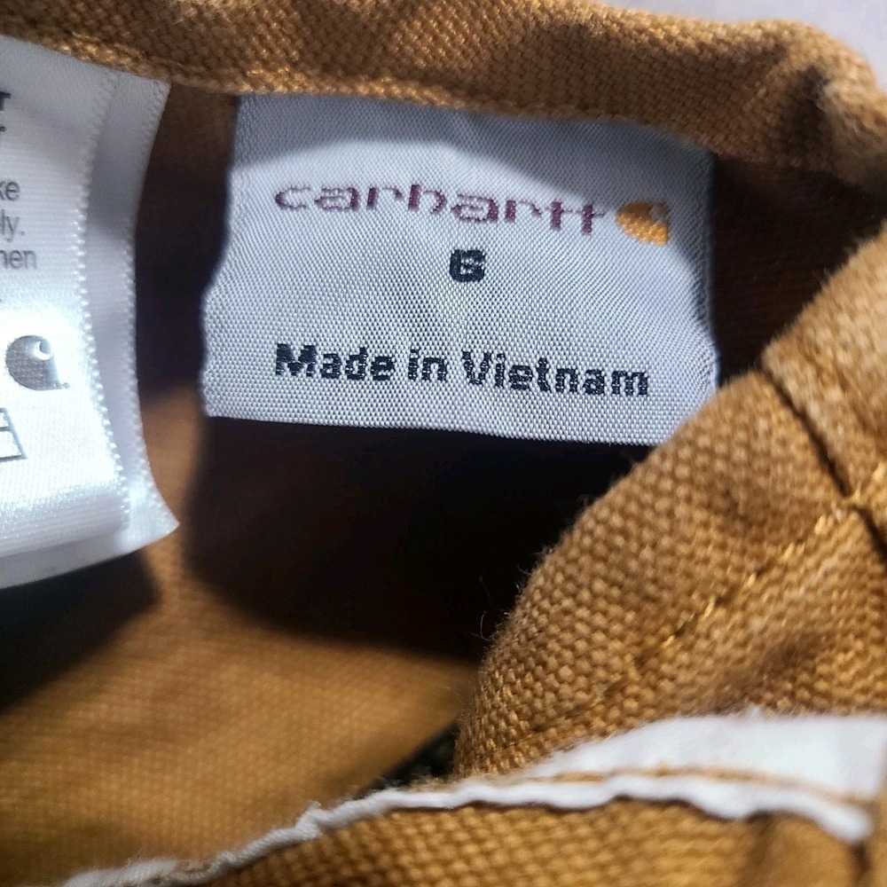 Carhartt Bib Overalls Boys 6 Brown Canvas Insulated Double Knee Flannel Lined - Picture 7 of 8